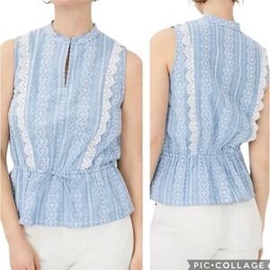 Ann Taylor Blouse Size Large Blue Eyelet Sleeveless Drawstring Waist Peplum Top